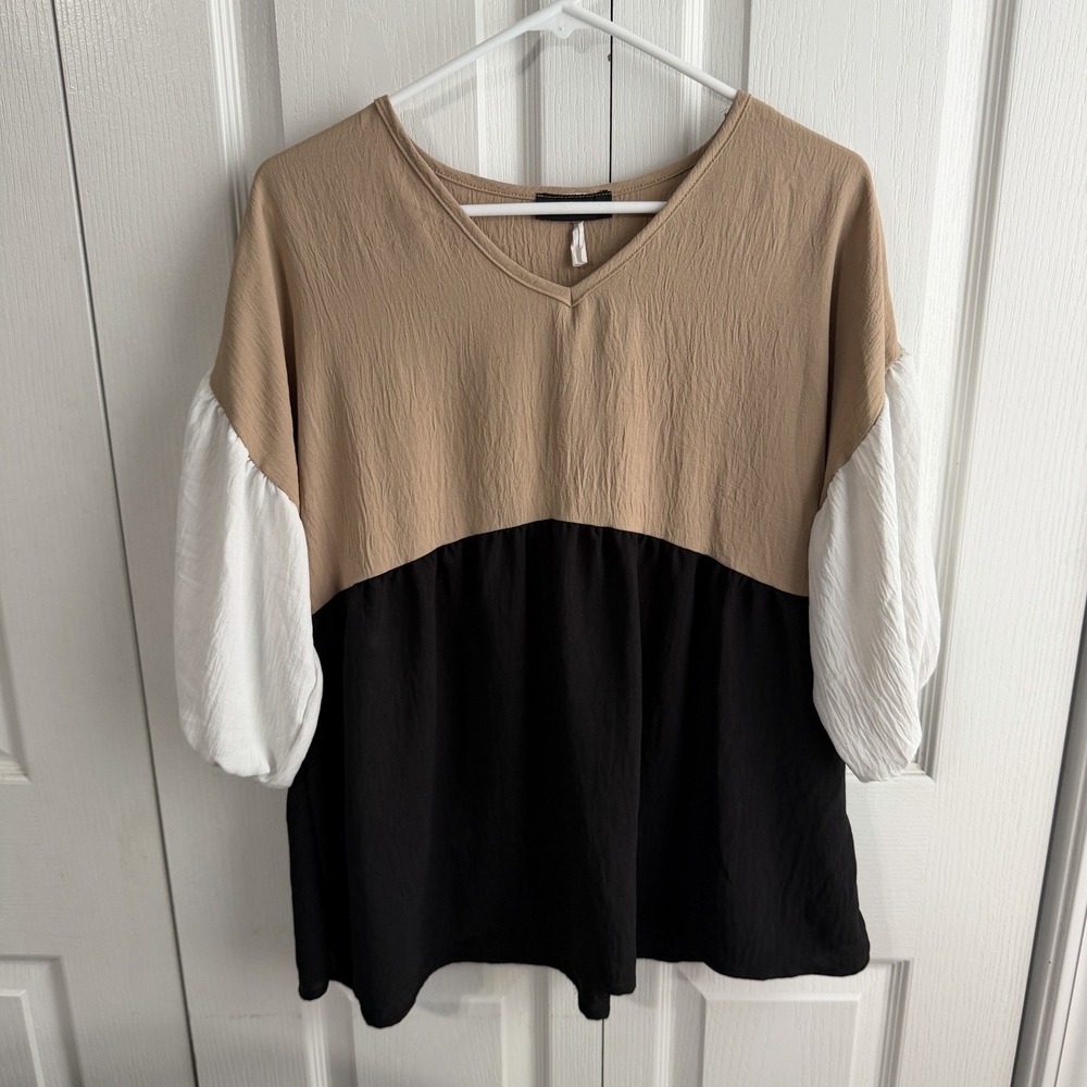 Adara Tan White Black Colorblock Women's Blouse Boho Business Office Travel